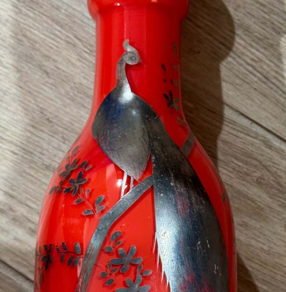 Art Deco Red Handblown Vase with Peacock; Rare